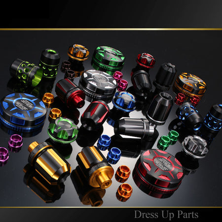 Motorcycle Dress Up Parts and Accessories. Shop Bar Ends, Oil Cap, Clutch and Brake Master Cylinder Caps for Honda, Kawasaki, Suzuki and Yamaha Vehicles. Comes in Red, Blue, Gold, Green and Silver Colors.