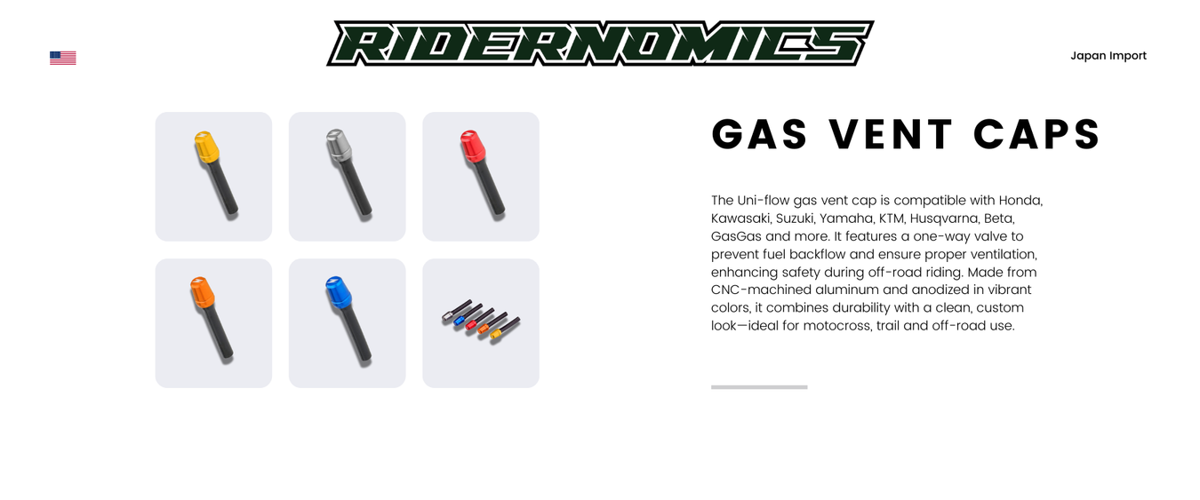 Uni-flow gas vent cap with one-way valve prevents fuel backflow and ensures proper tank ventilation. CNC-machined aluminum with anodized finish in various colors. Fits Honda, Yamaha, Suzuki, KTM, Husqvarna, Beta, GasGas, and more. Ideal for off-road use.