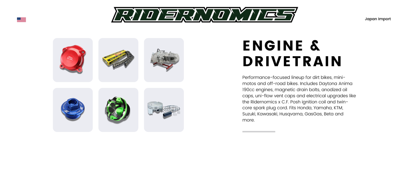 Performance parts for dirt bikes and mini-motos, including Daytona Anima 190cc engines, magnetic drain bolts, anodized oil caps, gas vent caps, and electrical upgrades like the Ridernomics x C.F. Posh ignition coil. Fits Honda, Yamaha, KTM, and more