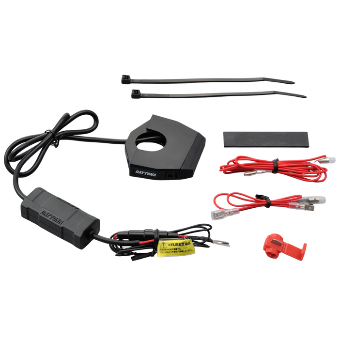 Dual Charging: Two USB ports allow simultaneous charging of multiple devices. Slim Design: 13.5mm profile mounts securely on Φ22.2/25.4mm handlebars. Power Control: Connects to the brake switch for on/off control with the main key. Complete Kit: Includes all necessary components for installation. Output: 5V/2.4A per port.