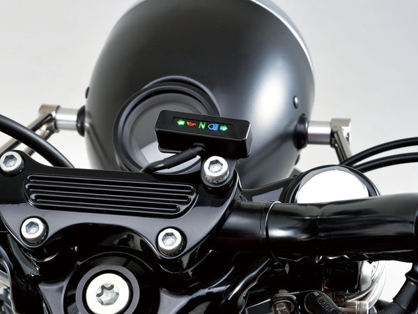 Micro indicator for custom motorcycles, turn signal neutral high beam features, black, compact indicator